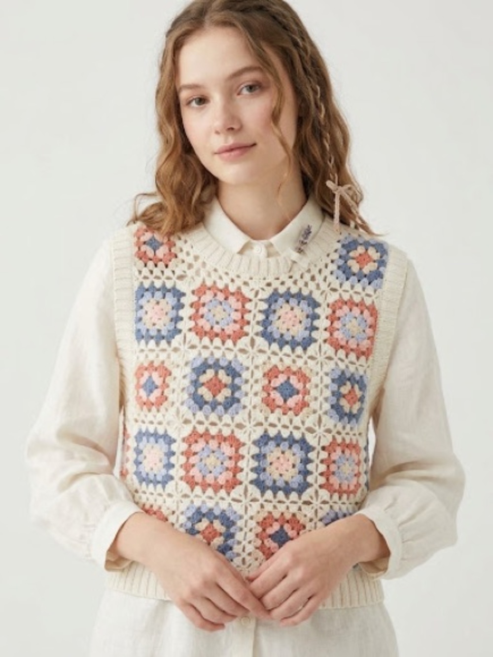 Lucky Brand Boho Granny Square Crochet Sweater Vest Tank Cottagecore Boxy Fit